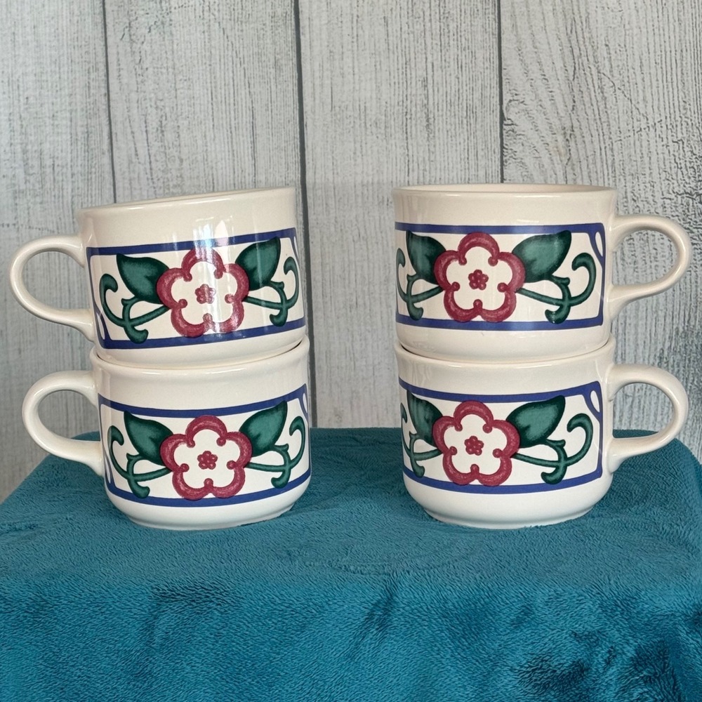 Pfaltzgraff Arbor Vine Stoneware Mugs Set of 4 Cream Burgundy Blue USA Made
